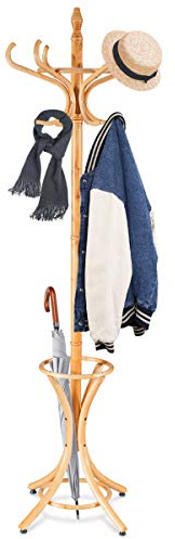 Giantex garderobsställ med paraplystativ, klädställ trä med 12 klädkrokar, garderob, träkläder, fristående, stående garderob för hall, vardagsrum (natur)