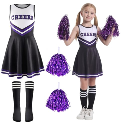 Aurasky Cheerleader Kostüm Kinder,Cheerleadering Outfit Mädchen, Cheerleader Kleid Mädchen mit Pompoms Socken, Cheer Uniformen für Karneval Fasching Halloween MottoParty