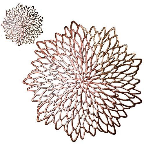 Snowkingdom 18 Pairs Rose Gold Placemats & Coasters 36 Pcs Metallic Pressed Vinyl for Dinning Table Mats Round Floral Charger Decoration for Wedding Valentine's Day Christmas Anniversaries Holiday by