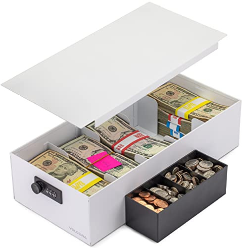 Volcora Cash Box Money Organizer - 15” x 7.5” x 4” Cashbox 5 Compartments Drawer Tray - Bills and Coin Slot with Combination Lock for POS Register, Kiosk, Retail, Personal and Business Use, White