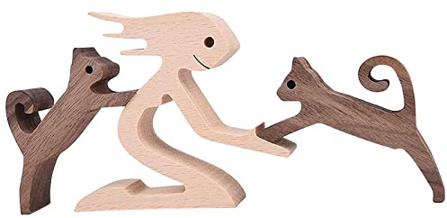 Hölzerne Statue für Hunde, Katzen, Familie, handgefertigte Holzdekoration, niedlicher Welpe, Kätzchen und Menschen, Statue, Skulptur, Ornament, Stifthalter Schreibtisch Schwarz
