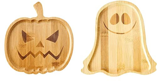 BestAlice 2 piatti di Halloween, in legno, a forma di zucca, fantasma, adorabile, vassoio da portata per frutta, snack, dessert, biscotti per feste