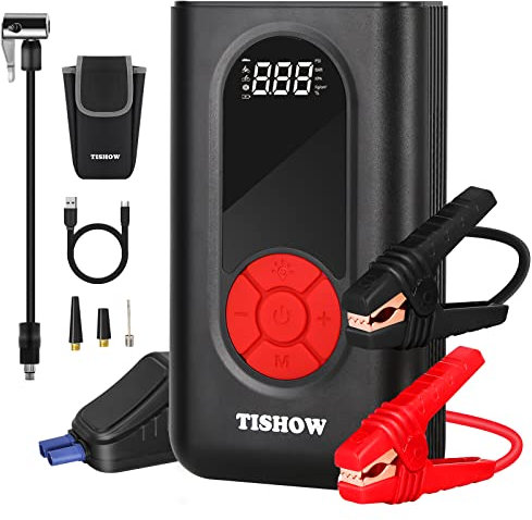 TISHOW Avviatore Batteria Auto 4 in 1 Con Compressore Portatile, 1600A Booster Avviamento, 11200mAh Power Bank, Morsetti di Sicurezza Intelligenti e Torcia LED