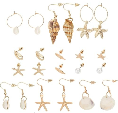 PH PandaHall 11 Paires Boucles D'oreilles Coquillage, Boucles D'oreilles Étoile de Mer Coquillages Boucle D'oreille Sirène Kit Bijoux Été Plage Fantaisie pour Halloween Noël Fête Mariage Bijoux Femmes
