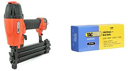 Tacwise DGN50V Air Brad Nail Gun, Uses Type 180 (18G) / 20-50 mm Nails, Orange/Black & 0396 Type 18G / 25 mm Galvanised Brad Nails, Silver, Pack of 5,000