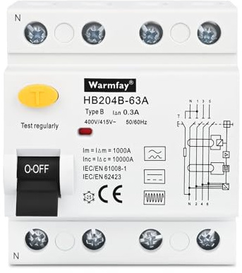 Warmfay FI Fehlerstromschutzschalter RCD Typ B 63A 300mA Allstromsensitiv 4-polig