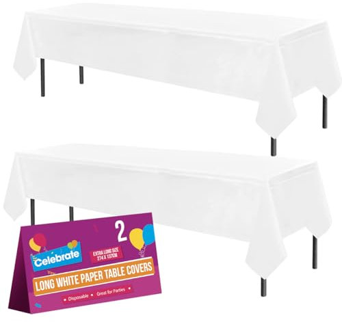 SOL 2pk Long White Table Cloth Party 274x137cm Plastic Cover Disposable Tablecloths for Parties - Heavy Duty Spill Protection - Opaque Design for Weddings, Buffets, Catering, Outdoor & Theme Events