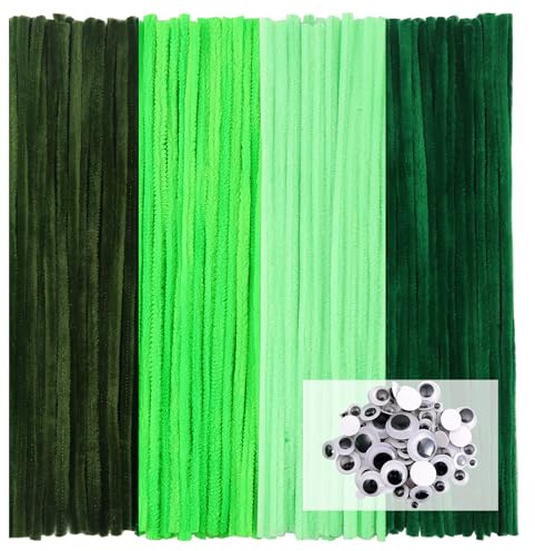 TOAOB 100 Pezzi Scovolini per Lavoretti Verdi Pipe Cleaner Bastoncini Decorativi e 100 Occhi Mobili Adesivi per Bambole Pupazzi Artigianato Scrapbooking Fai da Te