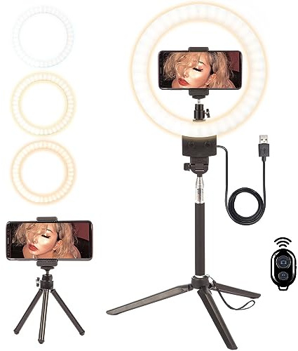 BOLLUMA Selfie Ring Light with Tripod Stand & Phone Holder, 9 LED Ring Light Dimmable, 4 Light Modes & 11 Brightness Level for make up, live streaming, vlogging, TikTok, YouTube Video Shooting
