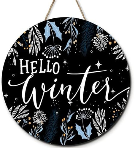 Horienteeon Hello Winter Holzschild für Haustür, Veranda, Winter-Willkommens-Türhänger für Outdoor-Dekoration, rustikale Schneeflocken, Holzkranz, Wandbehang, Dekoration, 30 cm