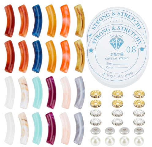 GOMAKERER 160 Stück 16 Stilen Gebogene Röhrenperlen Mit 2 Stück Elastischem Kristallfaden, Acryl-Bambus-Röhrenperlen Nudelperlen Armreifen-Röhrenperlen Perlenperlen Flache Strassperlen Für Armbänder