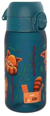 ion8 Kinder Trinkflasche, 350ml, Auslaufsicher, Einhandöffnung, Sichere Verriegelung, Spülmaschinenfest, BPA-frei, Tragegriff, Klappdeckel, Leicht zu Reinigen, Klimaneutral, Rote Pandas Design