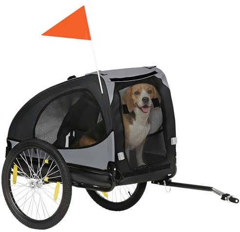 Aosom Dog Bike Trailer, Bike Wagon with Steel Frame, Hitch Coupler, Quick Release Wheels, Reflectors, Flag, Pet Travel Carrier for Medium Dogs, Black