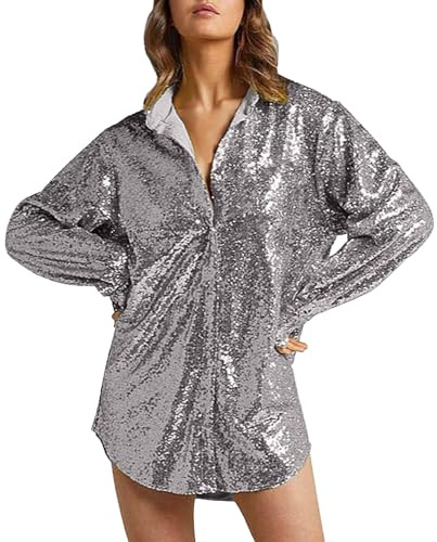 Chemise à Paillettes Femme Col en V Brillant Long Blouse Manche Longue Femme Chic Et élégant Grande Taille Fashion Printemps Fête Cérémonie Soirée Tops Haut Tee Shirt (Silver, XL)
