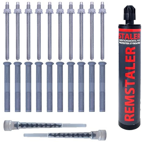 1x Remstaler INJEKTIONSMÖRTEL + ANKERSTANGE + SIEBHÜLSE im SET | Stahl verzinkt o. Edelstahl A4 | Verbundmörtel | Montagemörtel | -HÖCHSTE QUALITÄT- (Verzinkter Stahl, M8x110 / SH 12x80)