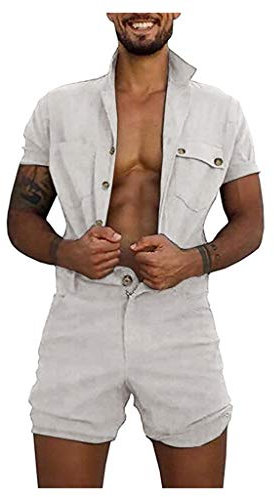Arbeitsoverall Herren Schwarz Leinen：Overall Herren Arbeitskleidung Jumpsuit Mit Kordelzug Taille Arbeitslatzhosen Hohe Qualität Freizeitanzug Fashion Body Kurzarm Atmungsaktive Menswear Leicht