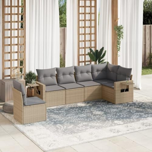 Rantry 6-TLG. Gartensofa Set mit Kissen Gartenlounge Gartenmöbel Loungesofa Balkonmöbel Ecksofa Ecklounge Loungemöbel Sitzgruppe für Balkon Terrasse Garten Beige Poly Rattan