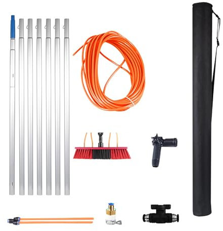 MQZHUK Asta Telescopica con Spazzola Superfici, Lavavetri Regolabile in Lunghezza 3-12m, 35cm Testa Della Spazzola Kit Spazzolone Pulitore Finestre per Pannelli Solari Tetti Serre 7m Bianco