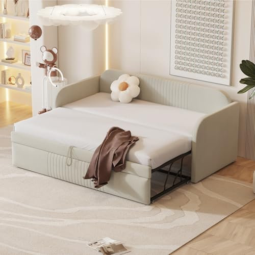 MQLAE Polsterbett Ausziehbares Schlafsofa 90/180x190cm, Bett mit Lattenrost, Multifunktionsbett Einzelbett/Doppelbett Tagesbett Klappsofa aus atmungsaktive Leinenstoff, Ohne Matratze, Beige