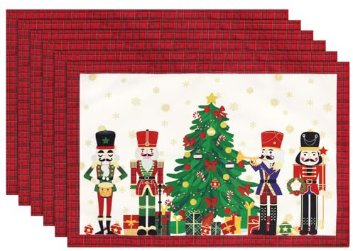 Arquiel Platzset 6er Set, Tischsets Weihnachten Rot Nussknacker Winter Weihnachtsbaum Doppelschicht Dicker Abwischbar Hitzebeständige Weihnachts Placemats für Esstisch Dekoration (33 * 48cm)