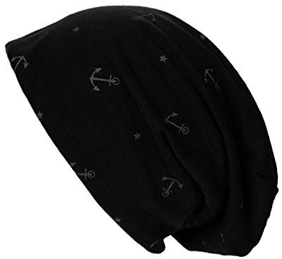 Glamexx24 lång klassisk beanie-mössa: män kvinnor vintermössa, unisex löparmössa för vår, höst och vinter med ankarmönster, Svart med ankare och stjärnmönster, one size