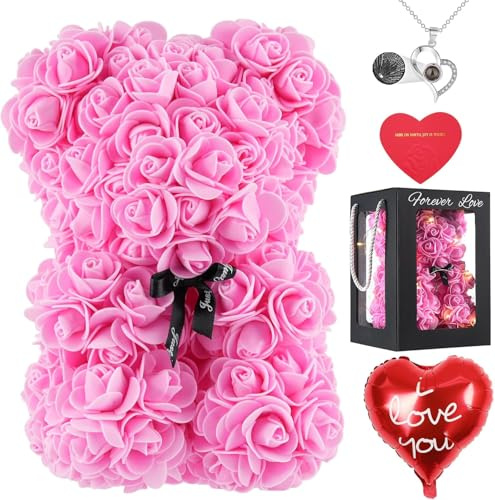 Rose Bear Valentines Gifts for Her, Rose Teddy Bear with I Love You Necklace, Hand Made Teddy Rose Flower Bear, Birthday Gifts for Girl Wife Girlfriend With Transparent Gift Box and Love Card(Pink)