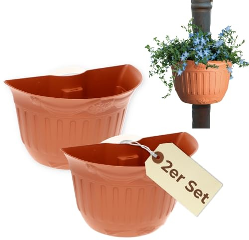 GarPet 2er Set Blumentopf für Regenrohr Wandtopf Fallrohr Blumentopf Wandblumentopf Regenrohr Pflanzengefäß Dachrinne Fallrohrpflanzgefäß Hängetopf Regenrinne Terracotta