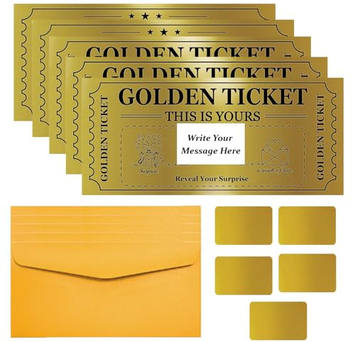 PLIGREAT 5er Pack Golden Ticket Rubbelkarten mit Umschlägen Doppeldruck Überraschung Enthüllen Karte DIY Gutscheinkarten Rubbelaufkleber Karten für Geburtstag Gutschein Tombola Geschenk Party Zubehör