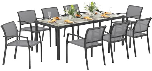 Outsunny Set Tavolo da Giardino con Sedie da 9 Pezzi, Set da Pranzo con Tavolo con Piano in PSPC, 8 Sedie da Esterno Impilabili con Braccioli, Set di Mobili in Acciaio e Textilene da Terrazza, Grigio