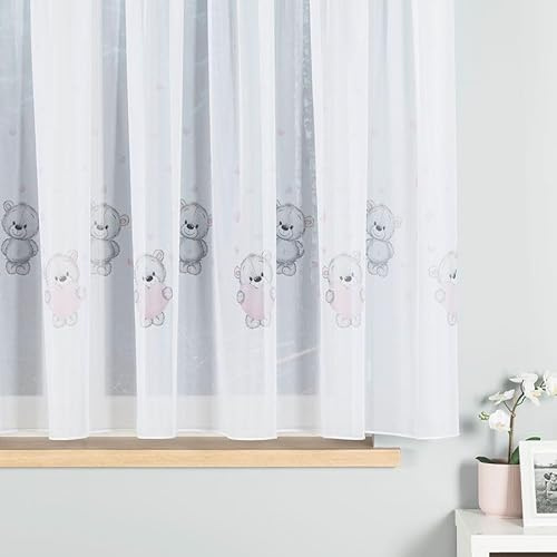 Gardinen Vorhangen Weiß/Pink Voile 300x155 cm (BxH) Teddy Kinder Gardine Aus Voile Mit Rosa Herzen Und Bärchen Auf Kräuselband 1:2 Süßes Design Kinderzimmer