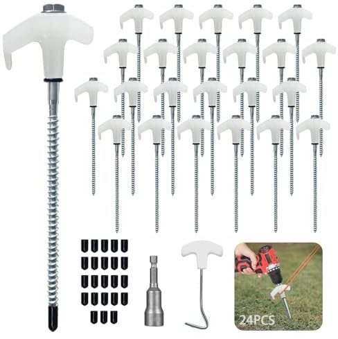 Lot de 24 Piquet De Tente a Visser,Piquets De Tente en Acier avec Filetage Et Support De Corde,Ancrages Au Sol à Visser Accessoires pour Tente,Piquet Auvent pour Le Camping pour Sol Dur et Bois