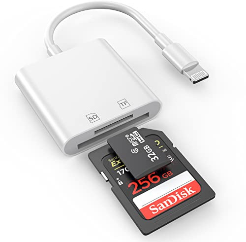 2 in 1 Lightning to SD/TF Card Reader, Memory Card Reader for iPhone/iPad | Apple MFi Certified, Camera Memory Card Reader, Dual Card Slot Adapter, iPhone 14/13/12/11/X/XS/XR/8/7 iPad