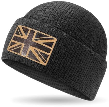 Outdoor Shaping Leather UK Flag Patch, Grid Fleece Cuffed Beanie Waffle Knit, Tactical Army Military Skull Cap Warm, Unisex Hat One Size, Outdoor Hiking Travel Daily Wear