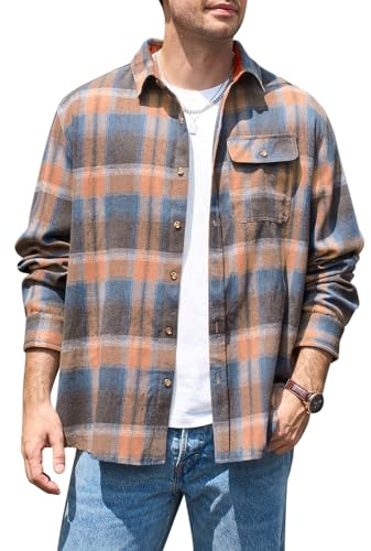 Runcati Camisa de manga larga para hombre a cuadros, camisa de franela con botones, camisa informal para hombre, corte regular, informal, con bolsillo en el pecho, naranja, XL