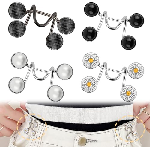 Bouton Jean Clipsable Ajustable, 4 Serre Taille pour Jean, Clip Réducteur de Taille Pantalon, Clips Ajustement Taille, Réutilisable, Aucun Couture Nécessaire, Avec 4 Styles de Boutons pour Jean, Jupe