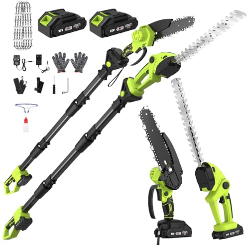 Cordless Pole Hedge Trimmer & Chainsaw Set, 2 * 4.0Ah Battery Rechargeable 7.05Ft Extension Pole 550W Pure Copper Motor 0-135° Adjust Angle Long Reach Trimmer Pruning Branch for Fence, Grass Trimmer