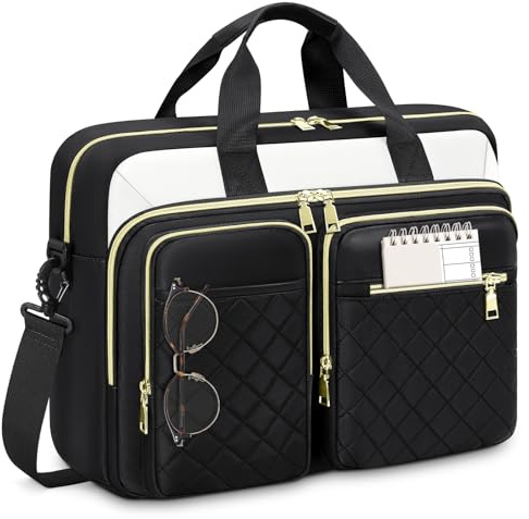 RAINSMORE Laptopväska för kvinnor bärbar dator portfölj stort laptopfodral arbete datorväska messengerväska för kvinnor affärer kontor resor högskola, Svart och vit, 17.3 inch, Utility
