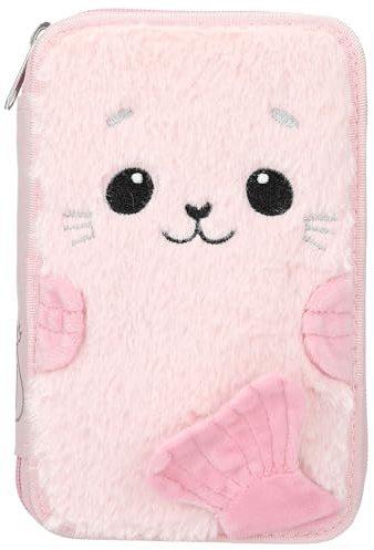 Depesche Princess Mimi Robby - Gefüllte 2-Fach Federtasche in Rosé, mit flauschigem Robben-Motiv und applizierten Flossen, Federmappe mit Buntstiften, Lineal, Schere UVM.