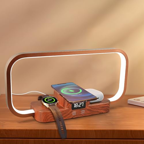 Delousiber Bedside Lamp with Wireless Charger, 5 Color Modes & Stepless Dimming & Time Display Touch &Adjustable Screen Brightness Lamps Bedside Light for Bedroom and Living Room