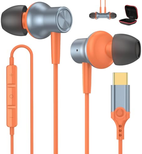 Ecouteur USB C HiFi Stéréo Magnétique avec Micro pour Honor 600/Magic8 Lite | Intra Auriculaire Écouteur Type C Casque pour Redmi Note 15/POCO X8 X7 Pro pour iPhone 17 16 15 Pro pour Pixel 10a 11 orange