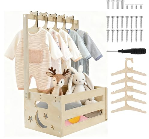JJoexyfit Wooden Baby Shower Crate Closet with 5 Hangers, Baby Storage Nursery Crate Hamper with Handle (Star, Moon)
