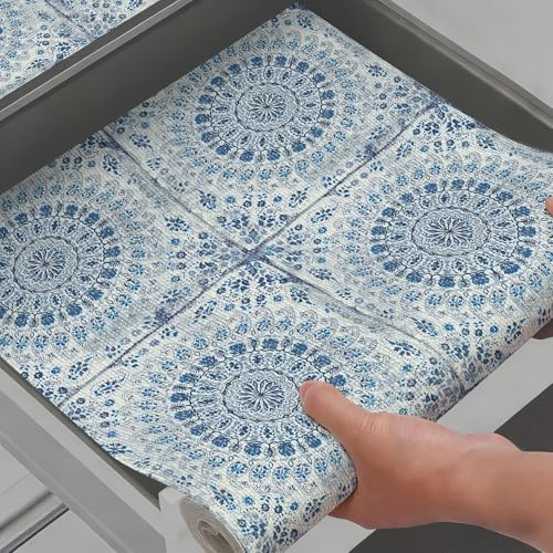 Vuacepe Blue Tile Drawer and Shelf Liner for Kitchen,Non-Adhesive Waterproof Shelf Liner Strong Grip Non-Slip Drawer Liner Easy to Clean Cabinet Liner for Shelf Dresser Cupboard, 12IN × 10FT