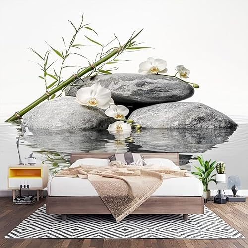 Papel Pintado Panorámico Fotomurales Pila de Piedras de OrquíDea de Bambú 450x315 cm, Murales de Pared Decoración Póster in Tejido No Tejido Blanco Personalizado 3D Para Salón Dormitorio Oficina