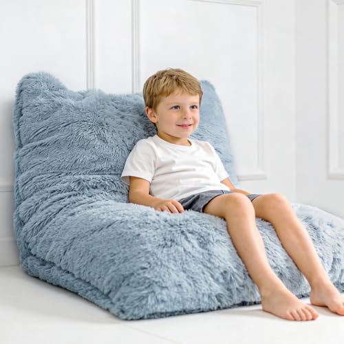 Treokion 3 in 1 Kids Bean Bag Chair Bed, Kids Fluffy Stuffed Floor Pillow for Gaming and Reading, Ultra Soft Faux Fur Fabric Bean Bag Chairs to Lounger for Playroom, Living Room, Bedroom, Gray