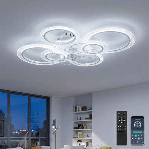 YUNLONG Ventilatore da Soffitto con Luce LED Dimmerabile, Plafoniera Moderna 88cm con Pale Trasparenti e Telecomando/App, Motore DC Silenzioso Reversibile per Camera da Letto, Soggiorno e Cucina