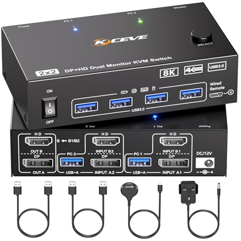 KVM Switch 2 Monitors 2 Computers Displayport HDMI 4K@144Hz, USB3.0 Dual Monitor KVM Switch for 2 Computers Share 2 Monitors and 4 USB Peripherals,Wired Remote 12V Adapter and 2 USB Cable