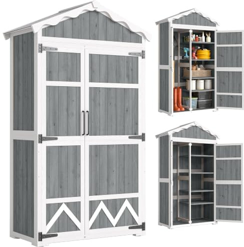Outsunny Caseta de Jardín de Madera 105x55x179 cm Armario Exterior Gris | Puertas, 4 Estantes Extraíbles, Techo Metal Galvanizado, Pies Ajustables
