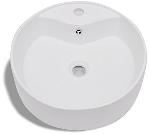 Festnight Keramik Waschbecken Rund Waschschale Waschtisch Handwaschbecken mit Hahnloch/?berlaufloch 465x155mm Wei?