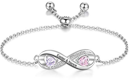 Personalisiert Silber Charme Armbänder zum Frau Mädchen Liebe Unendlichkeit Armbänder Kristall Einstellbar Kette Angepasst 21th 30th Geburtstag Mütter Tag Geschenke Geburtsstein Graviert Name Armreif