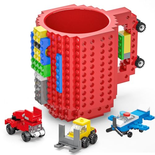 DAYMOO Build-on Brick Mug Set with 3 Random Packs of 2-in-1 Bricks, Funny Cool Coffee Mugs for Kids Men Him Dad Boys and Girls, Novelty Gifts for Christmas Xmas Easters Birthdays - Red
